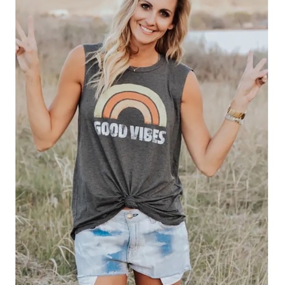 🔥GOOD VIBES🔥Rainbow O-Neck Tank Top Gray S/M/L/XL - Picture 2 of 10